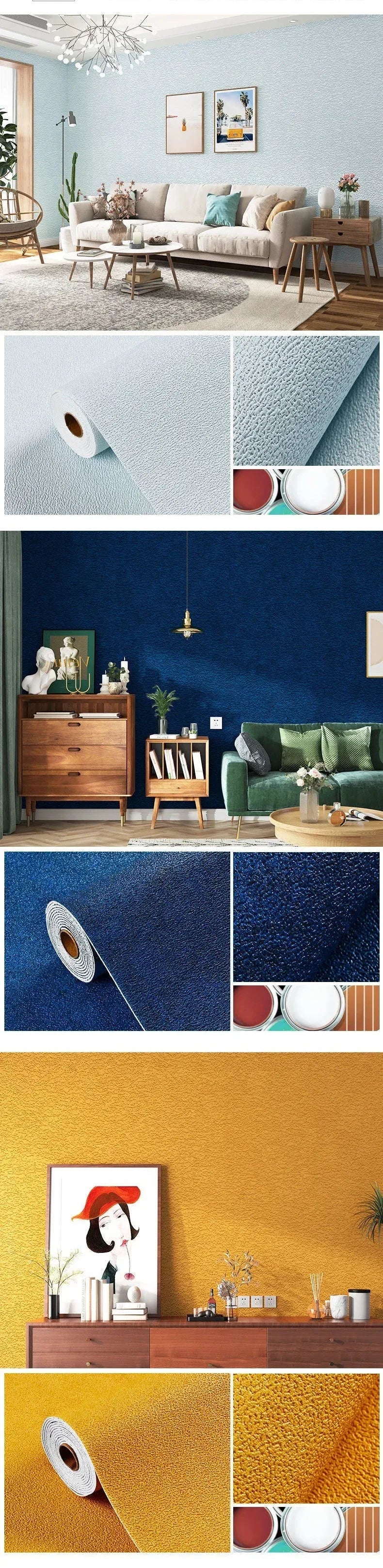 Linen 3D Foam Self-Adhesive PVC Wallpaper - Solid Color, Thickened Waterproof Wall Stickers for Home Renovation & Decor