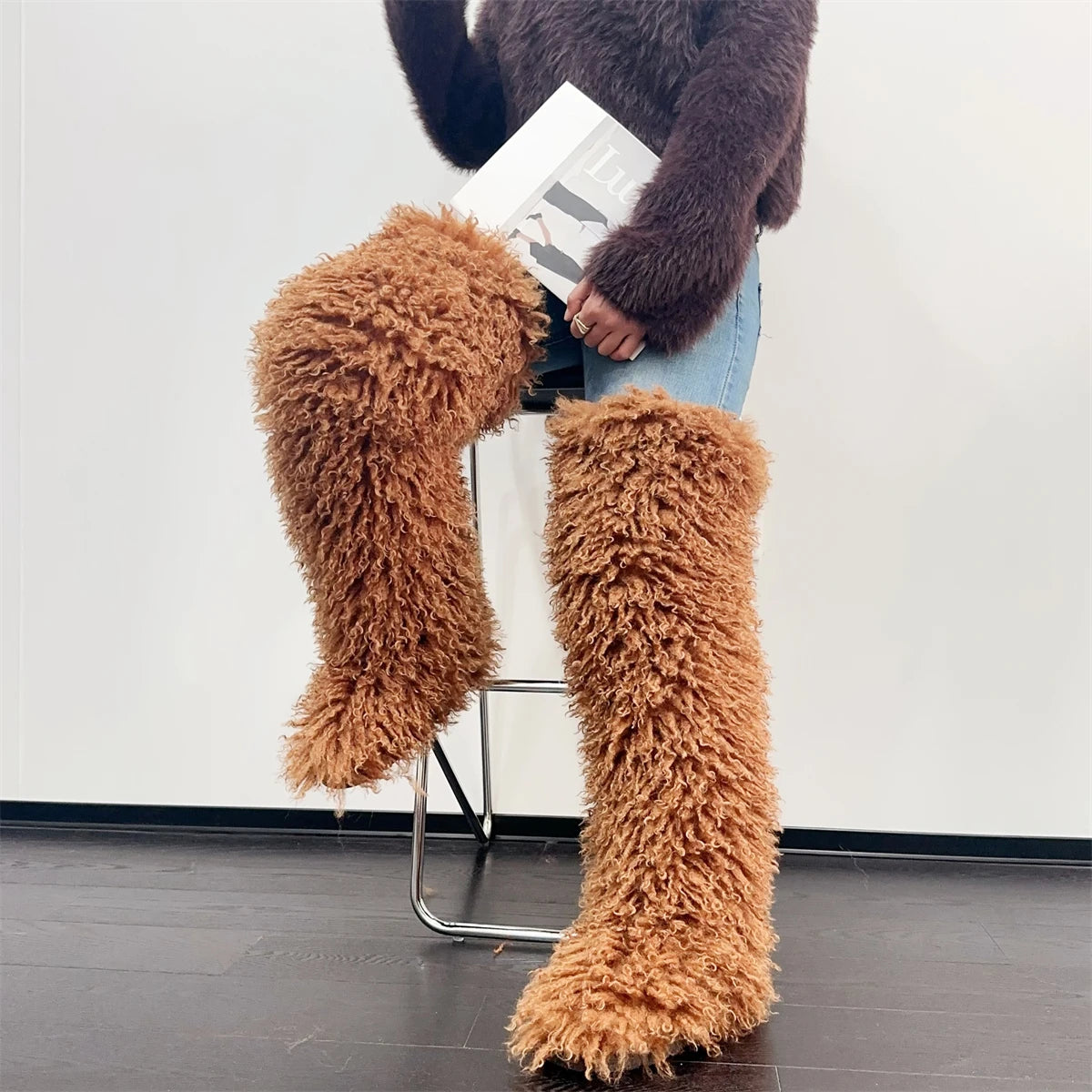 Women’s Faux Mongolian Fur Thigh High Boots - Winter Warm Plush Lined Fashion Boots for Cold Weather