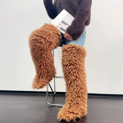 Women’s Faux Mongolian Fur Thigh High Boots - Winter Warm Plush Lined Fashion Boots for Cold Weather