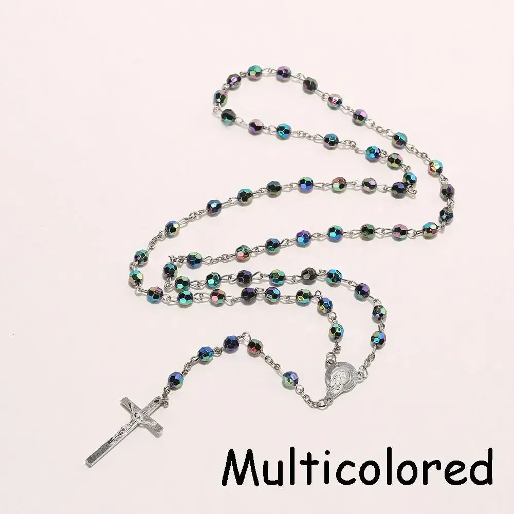 Vintage Crucifix Cross Necklace – Jesus Rosary Beads Chain with Virgin Mary Pendant Religious Jewelry Charm for Men & Women