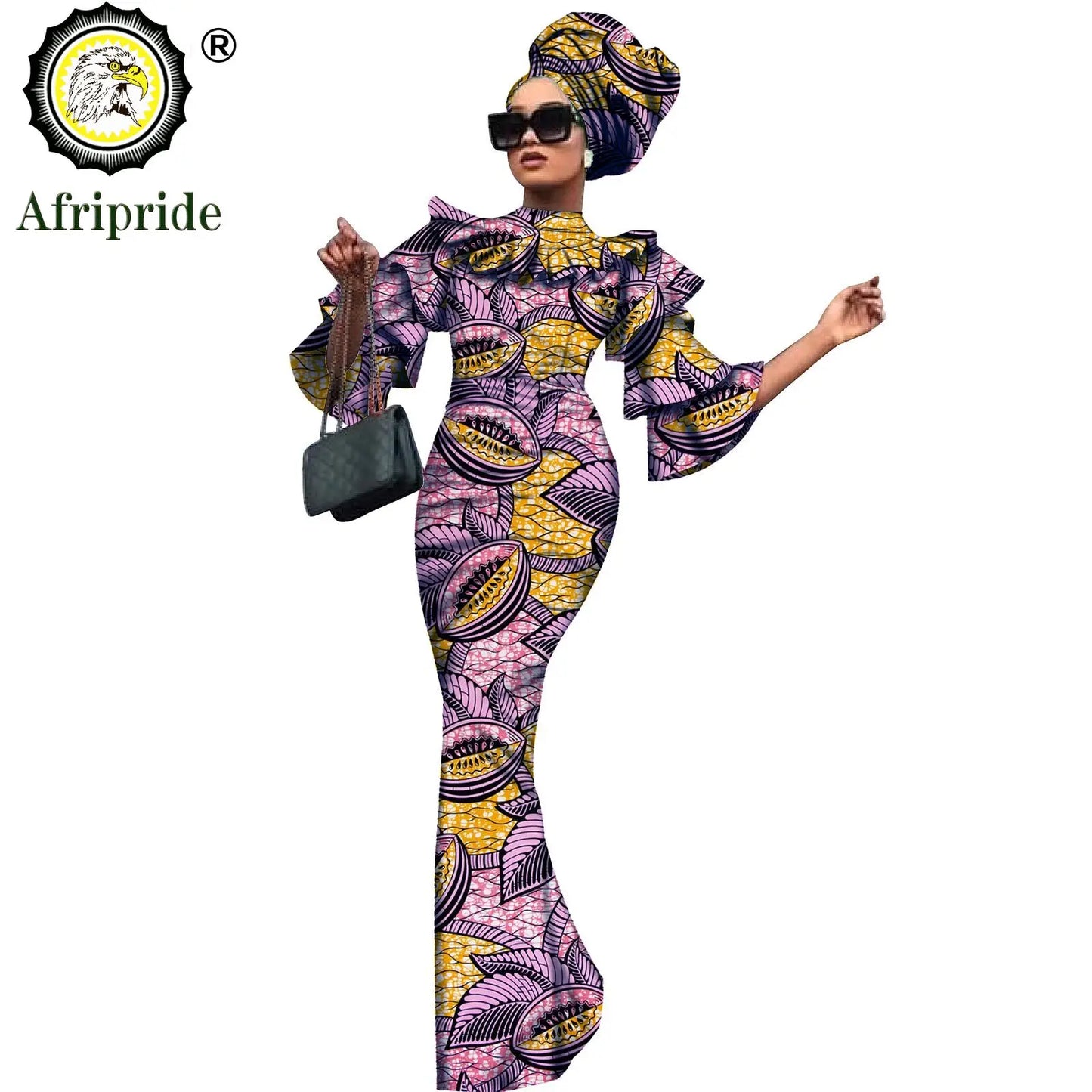 African Bazin Riche 2-Piece Dress Set - Plus Size Bodycon Dress with Headwrap for Women