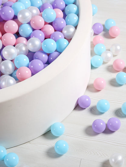 100pcs 5.5cm Soft Plastic Ball Pit Balls – BPA-Free, Non-Toxic, Multi-Color Set with Storage Bag (Purple, Pink, Light Blue, Pearl White)