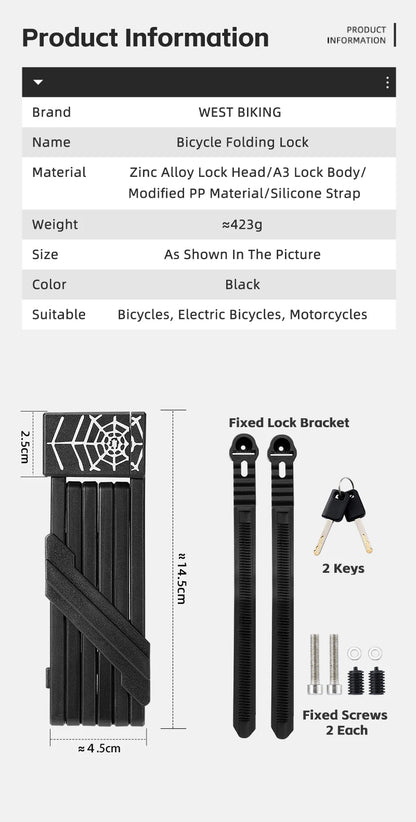 WEST BIKING Foldable Bike Lock – Heavy Duty Anti-Theft Chain Cable Padlock with 3 Keys for Bicycle & Motorcycle Security