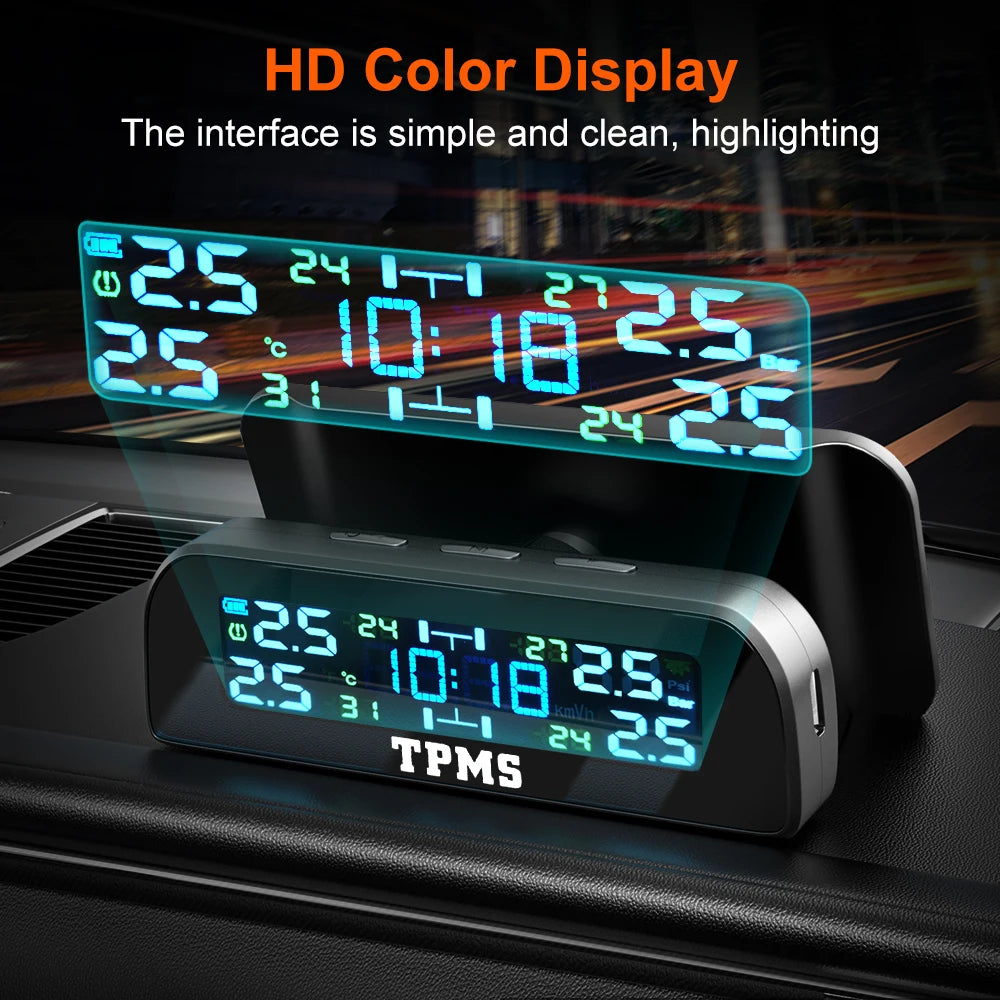 Solar TPMS Tire Pressure Monitoring System – 4-Wheel External Sensors with Temperature Alarm for Car Tyre Safety