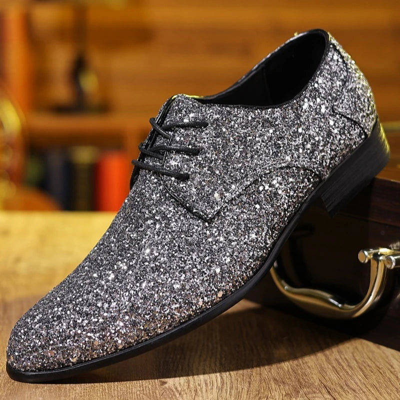 Men’s Luxury Sequin Oxford Dress Shoes - Gold & Silver Lace-Up Wedding Flats Large Size