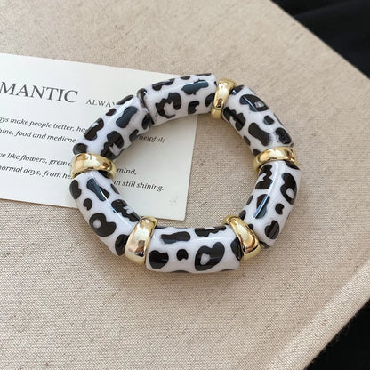 Leopard Print Bamboo Tube Acrylic Bracelets - Retro Stretch Beaded Bangles for Women & Men, Stackable Jewelry Gift