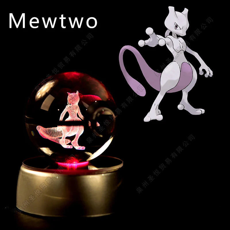 Pokémon Crystal Ball Night Light - 3D Pikachu Gengar Mewtwo Glass Lamp Statue Kids Birthday Gift