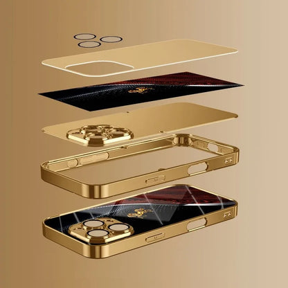 Golden Horse Pattern Metallic Phone Case - Gold Glass Protective Cover for iPhone 11-18 Pro Max, Plus, Air & 16E