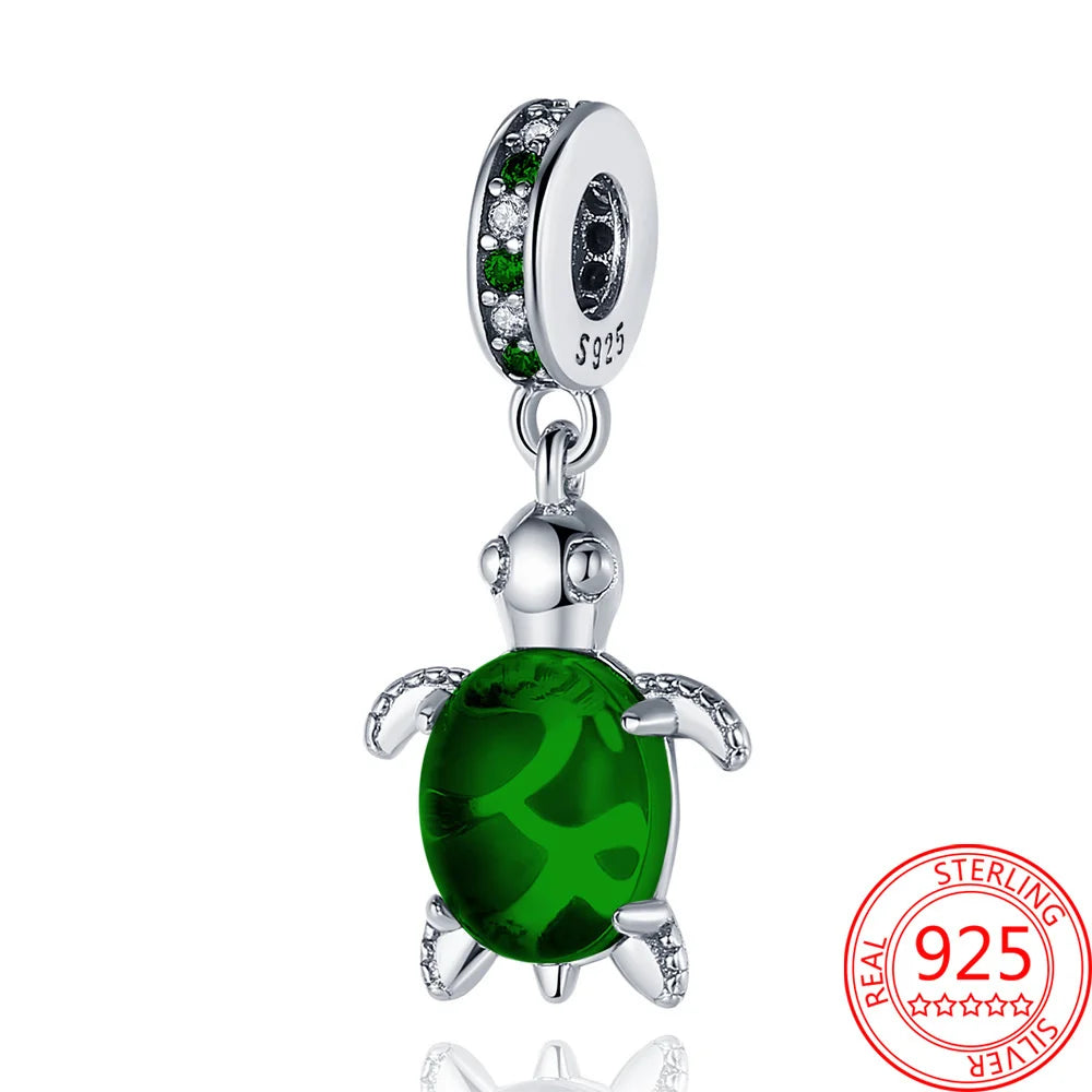 925 Silver Plated Murano Glass Sea Turtle Dangle Charm - Colorful Pink & Blue Jewelry for Women's Bracelet