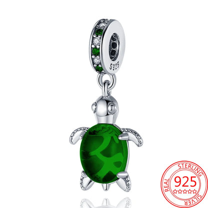 925 Silver Plated Murano Glass Sea Turtle Dangle Charm - Colorful Pink & Blue Jewelry for Women's Bracelet