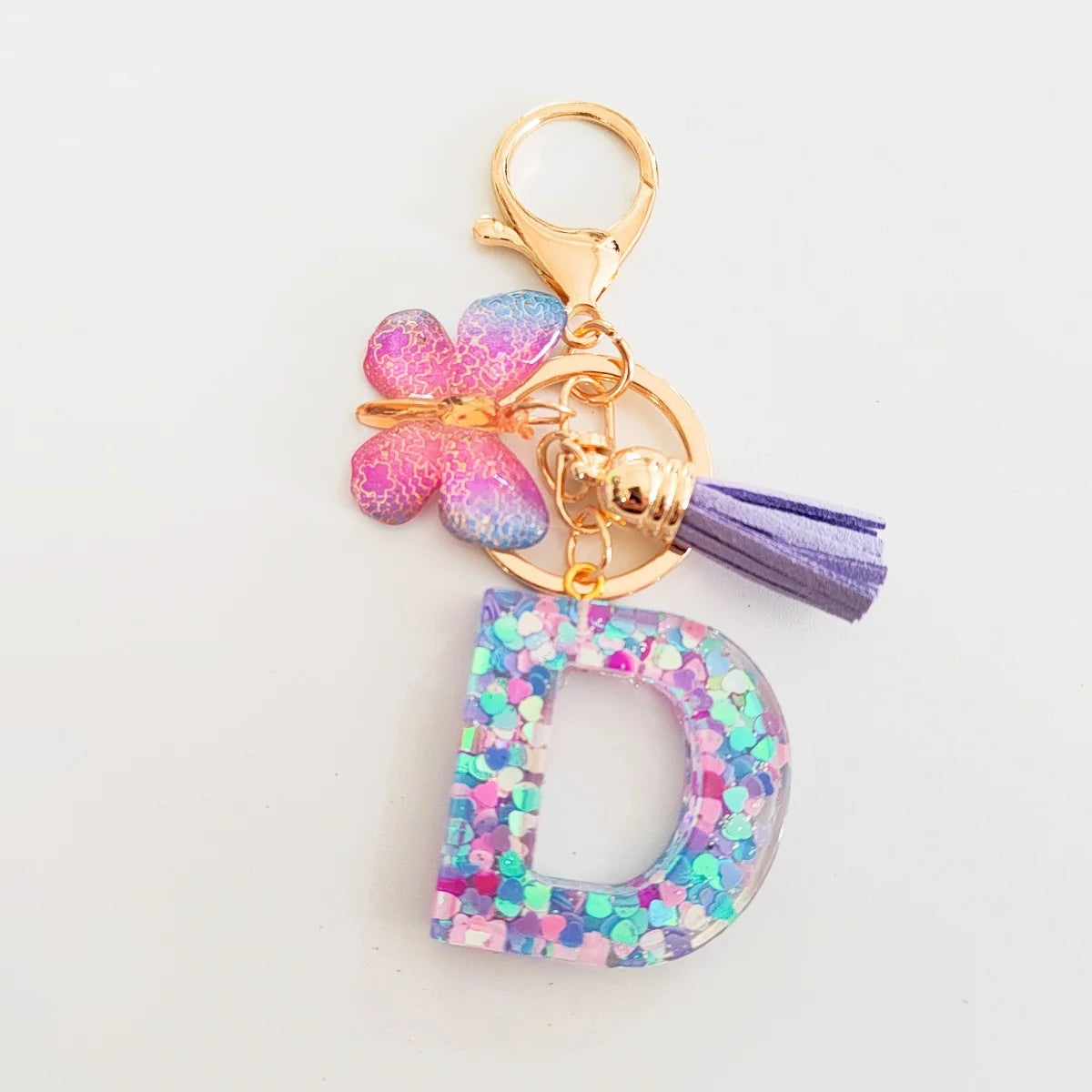 Butterfly Fringe Initial Keychain - Sequin A-Z Letter Bag Charm for Women, Students & Gifts