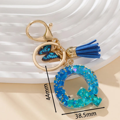 Royal Blue Butterfly Initial Keychain - Alloy Alphabet Letter & Tassel Backpack Charm