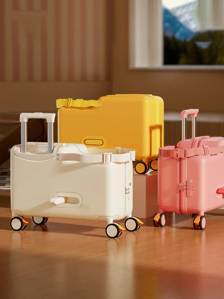 18-Inch Foldable Kids Suitcase with Seat – Lightweight PC Luggage for Boys & Girls, Compact Travel Pedal Boarding Case