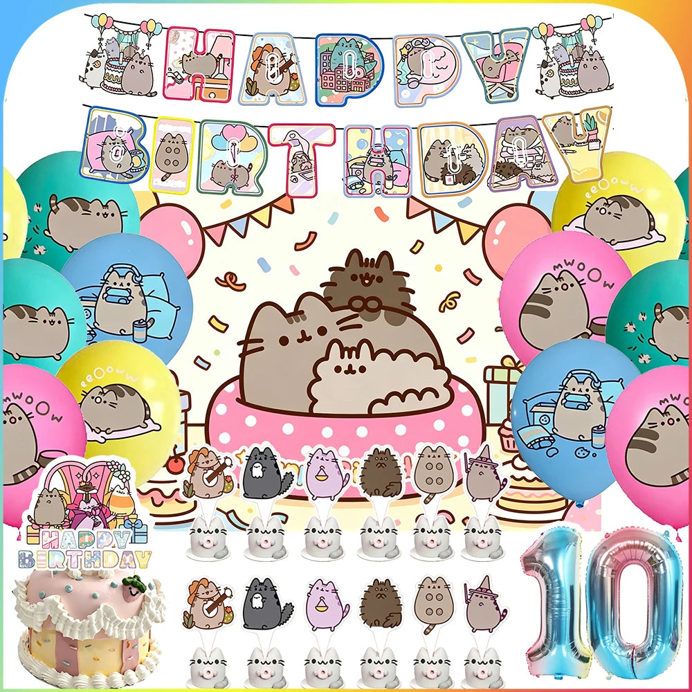 Cute Cat Birthday Party Decorations - Kawaii Balloon Set, Cake Toppers, Bunting Banner, and Party Backdrop Supplies