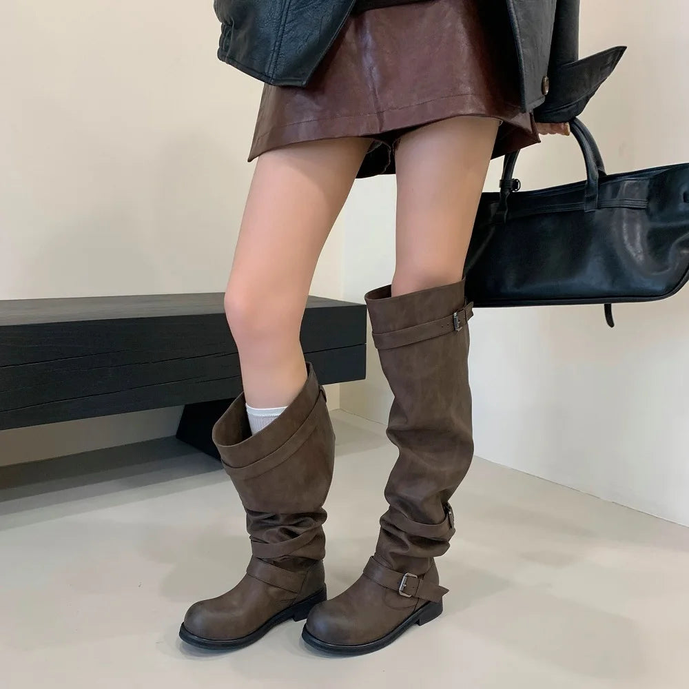 Eilyken Women’s Over-the-Knee Boots – Round Toe Punk Style with Pleated Buckle Strap, Low Square Heels for Autumn Winter