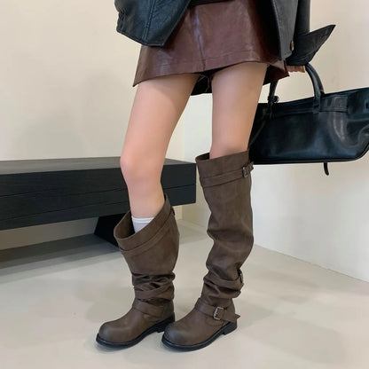 Eilyken Women’s Over-the-Knee Boots – Round Toe Punk Style with Pleated Buckle Strap, Low Square Heels for Autumn Winter