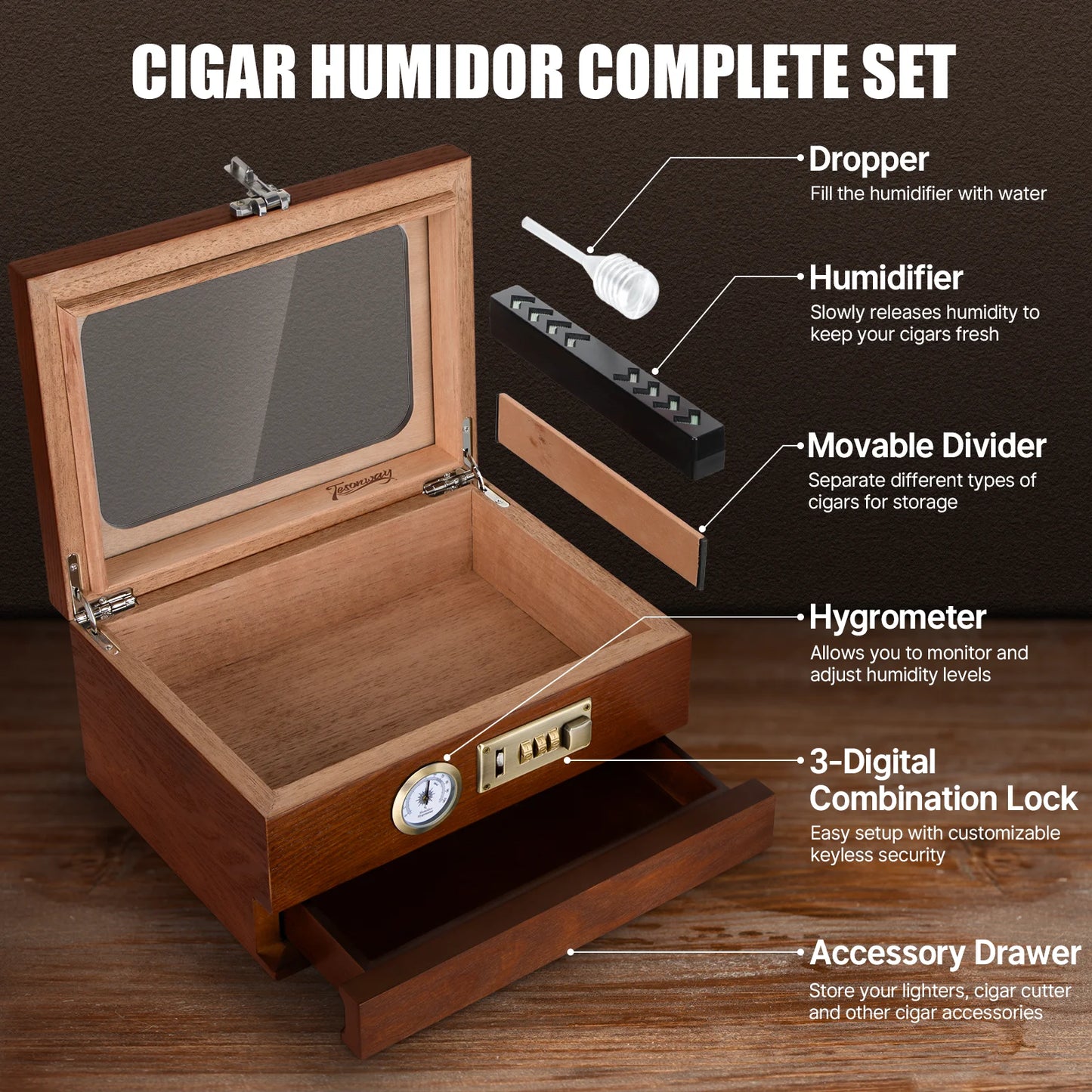 Cedar Wood Cigar Humidor – Glass Top Desktop Cigar Box with Front Hygrometer, Humidifier, Divider, and Accessories Drawer