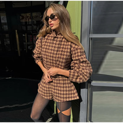 Elegant Plaid Women’s Set – Casual Full-Sleeve Zipper Jacket & High-Waist Shorts, 2025 Spring Office Outfit
