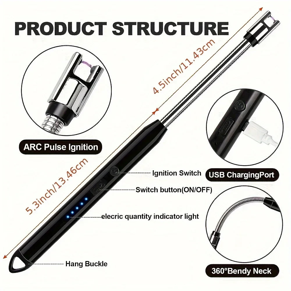 Rechargeable Electric Plasma Arc Lighter – Windproof USB Candle & BBQ Ignition Tool for Camping, Kitchen & Fireplace Use