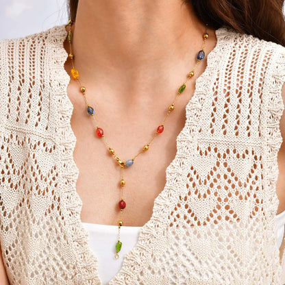 Colorful Rainbow Stone Boho Necklace - Stainless Steel Beaded Y-Shaped Chain Jewelry for Women’s Fashion Style
