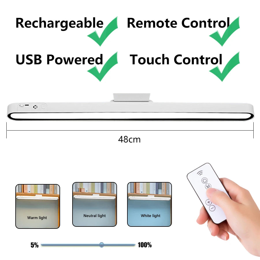 Remote Magnetic Desk Lamp – USB Rechargeable LED Table Light with Stepless Dimming for Reading & Study