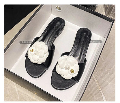 Luxury Women’s Flower Slippers — Camellia Open-Toe Slides for Home & Outdoor, Ladies Flip Flop Sandals