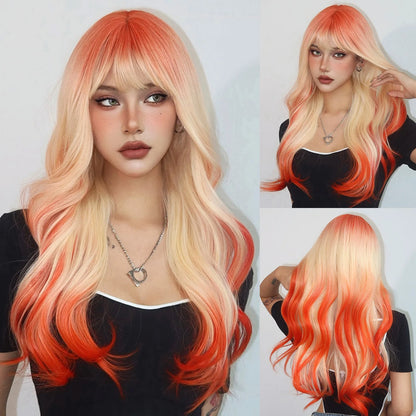 Copper Ginger Red Brown Synthetic Wig – Long Fluffy Wavy Wig with Bangs, Heat-Resistant Cosplay & Daily Wear Hair for Women