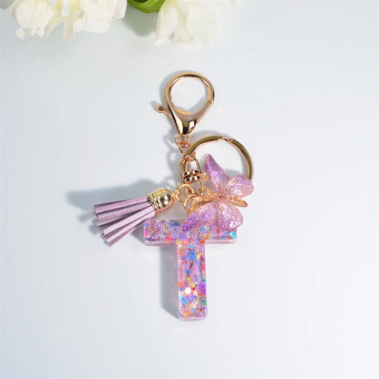 A-Z Sequin Initial Keychain - Dreamy Butterfly Tassel Pendant Bag & Purse Charm for Women
