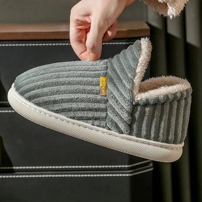 Winter Couple Striped Plush Slippers – Soft Non-Slip Warm Cotton Home Shoes for Men & Women