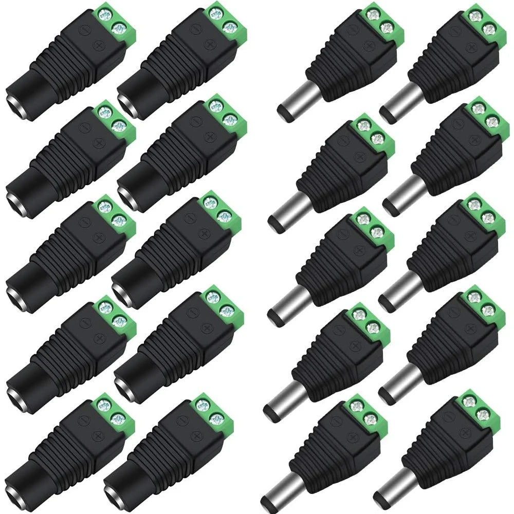 12V DC Power Jack Connectors - 2.1×5.5mm Male and Female Adapter Plugs for CCTV Cameras and LED Strip Lights, 10 Pairs