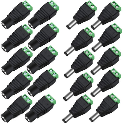 12V DC Power Jack Connectors - 2.1×5.5mm Male and Female Adapter Plugs for CCTV Cameras and LED Strip Lights, 10 Pairs