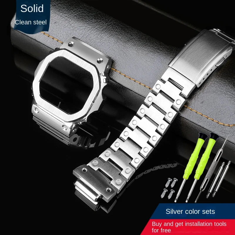 Gold and Black Stainless Steel Bezel and Strap Set for Casio G-Shock DW-5600, GW-B5600 & GW-M5610 - Metal Watch Case Modification Kit