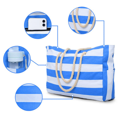 Striped Waterproof Canvas Beach Bag – Zippered Foldable Tote for Outdoor Travel and Vacation, Sand-Resistant Design