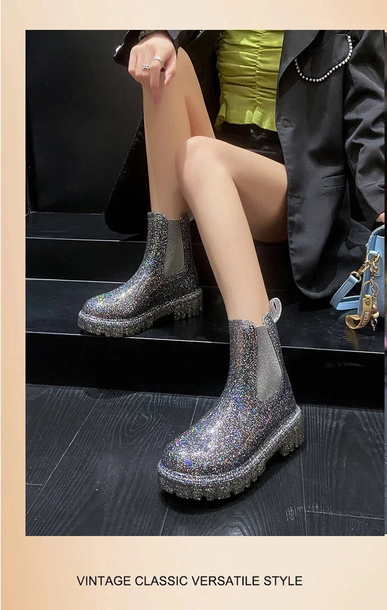 Women’s Shiny Color Fashion Rain Boots – Four-Season Waterproof Mid-Tube Ankle Outdoor Shoes