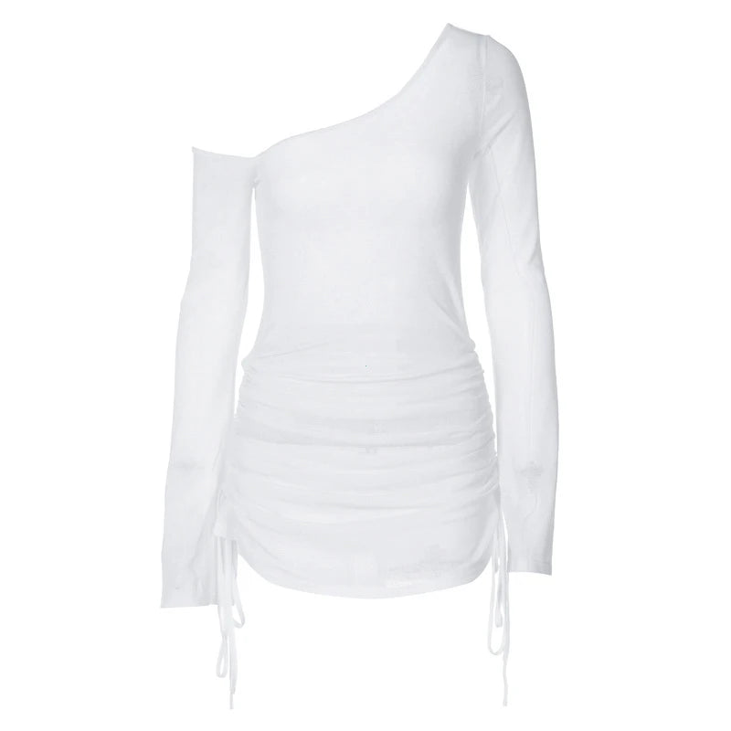 Women's See-Through Mini Dress – Ruched Lace-Up Skew Collar Strap Bodycon Party Clubwear Summer 2025