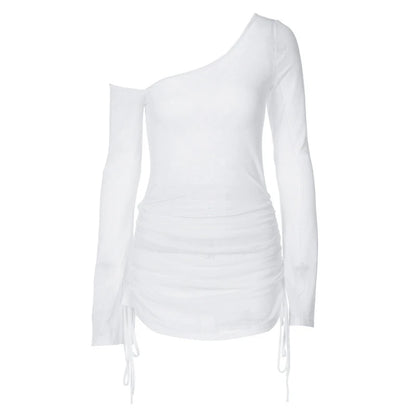 Women's See-Through Mini Dress – Ruched Lace-Up Skew Collar Strap Bodycon Party Clubwear Summer 2025