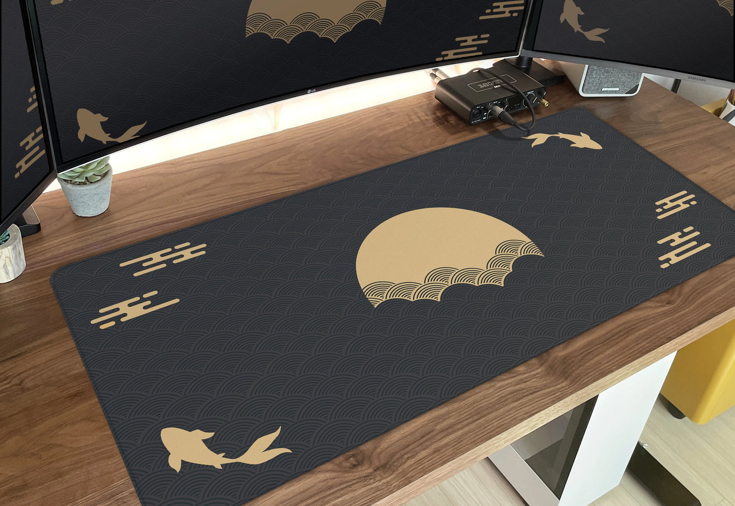 Japanese Black & Gold Desk Mat – Koi Fish, Sun, Cloud, and Seal Art XXL Mouse Pad for Gaming, Sunrise & Sunset Design