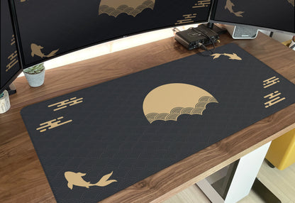 Japanese Black & Gold Desk Mat – Koi Fish, Sun, Cloud, and Seal Art XXL Mouse Pad for Gaming, Sunrise & Sunset Design