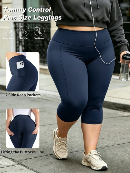 Women's Plus Size Capri Leggings - High-Waist Tummy Control Stretch Yoga Pants with Pockets