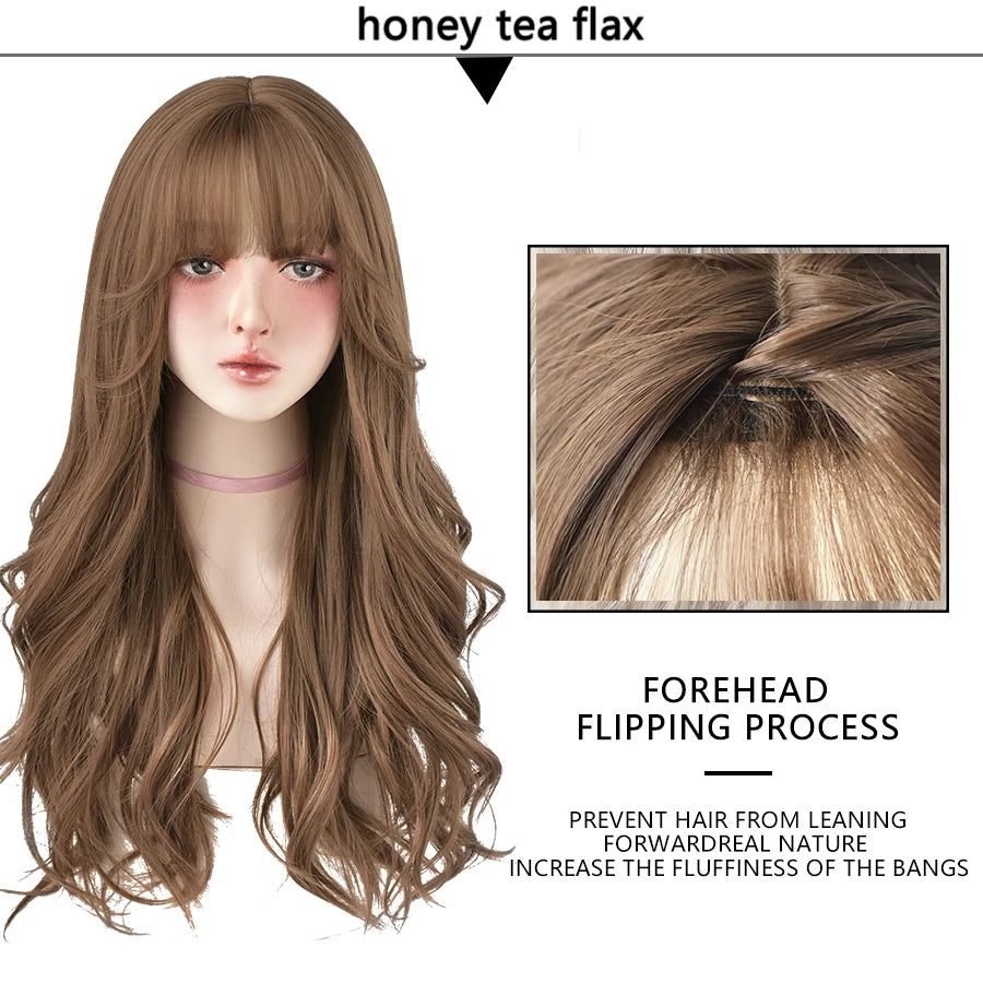 7JHH Brown Ash Long Deep Wave Lolita Wig for Women — Synthetic Hair with Bangs, Thick Curly Fashion Wig