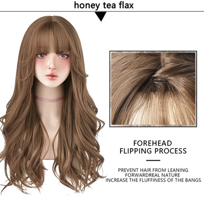 7JHH Brown Ash Long Deep Wave Lolita Wig for Women — Synthetic Hair with Bangs, Thick Curly Fashion Wig