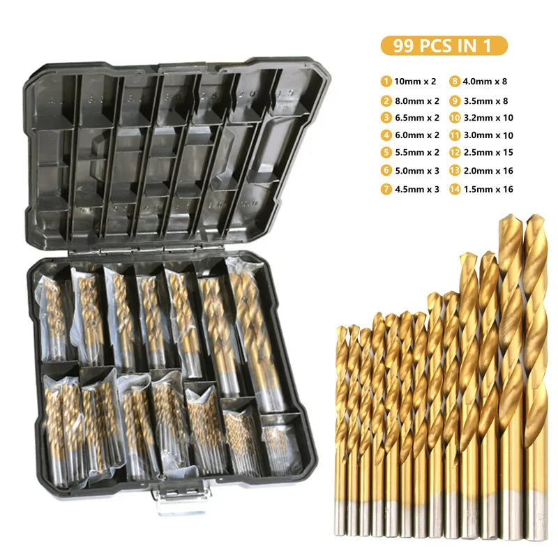 Titanium Coated High Speed Steel Drill Bit Set - 50/99pcs Hex Shaft Twist Bits for Metal Wood & Plastic Drilling