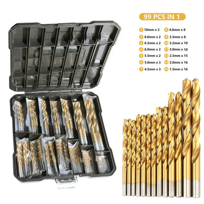 Titanium Coated High Speed Steel Drill Bit Set - 50/99pcs Hex Shaft Twist Bits for Metal Wood & Plastic Drilling