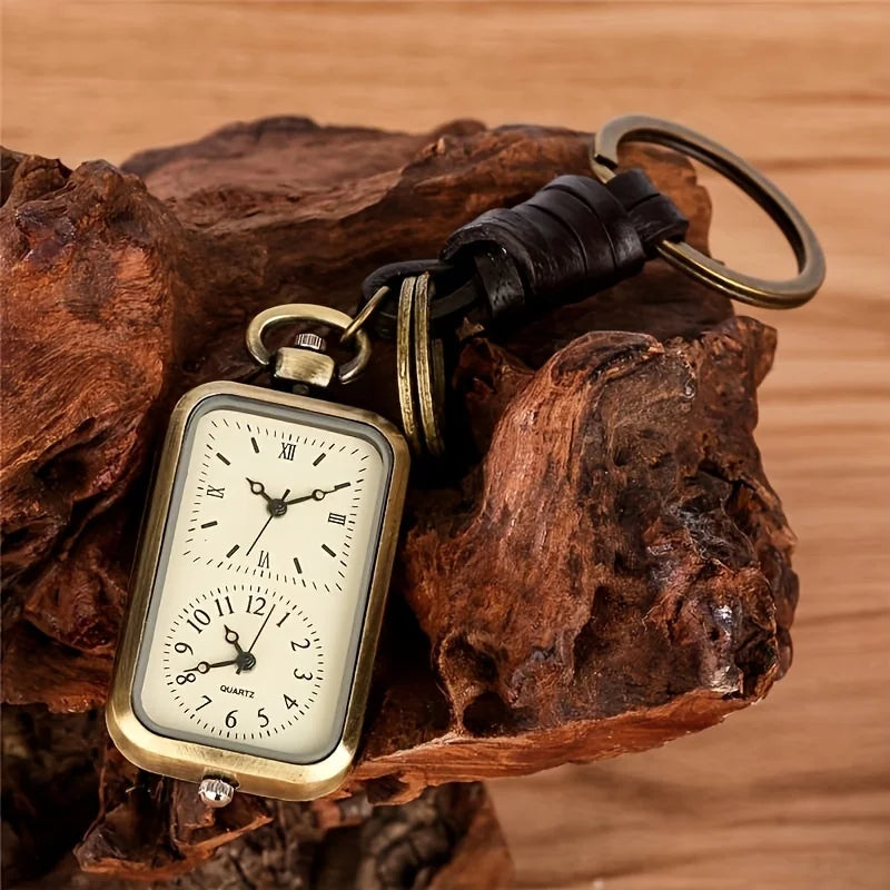 Bronze Square Pocket Watch Keychain - Vintage Double-Movement Quartz Pendant Watch with Antique Style