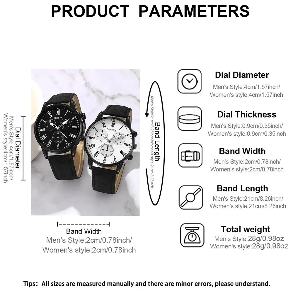 2PCS Set Couple Fashion Leather Watches – Simple Dial Quartz Wristwatches for Ladies & Men, Casual Dress Clocks