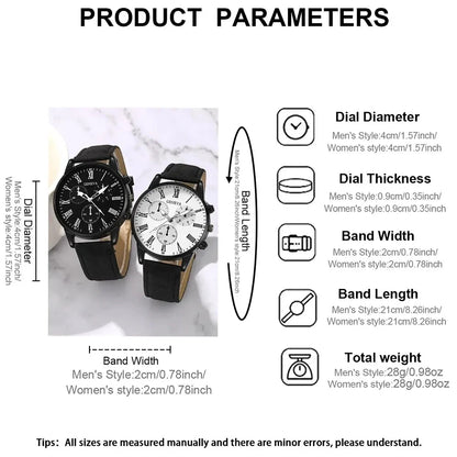 2PCS Set Couple Fashion Leather Watches – Simple Dial Quartz Wristwatches for Ladies & Men, Casual Dress Clocks