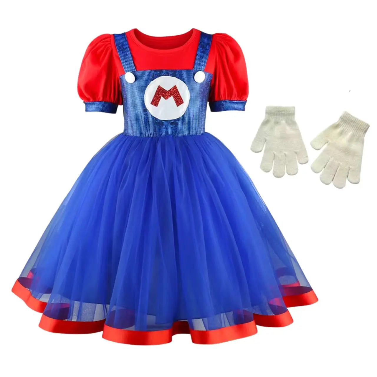 Girls Super Bros Cosplay Dress Set - Puff Sleeve Halloween & Birthday Party Costume