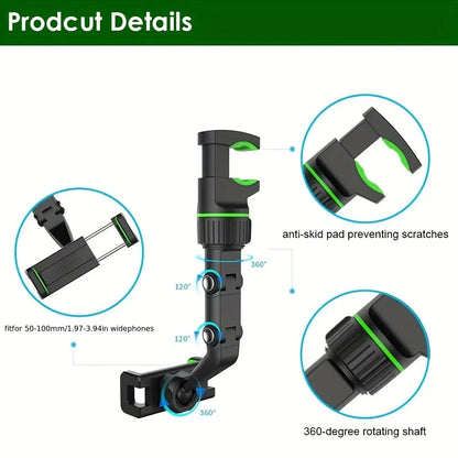 Rearview Mirror Phone Holder - 360° Rotatable Retractable Car Phone Mount for All Vehicles