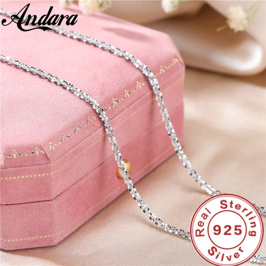 Authentic S925 Sterling Silver Necklace – 2mm Sparkling Collarbone Sweater Chain, Elegant Jewelry Gift for Women