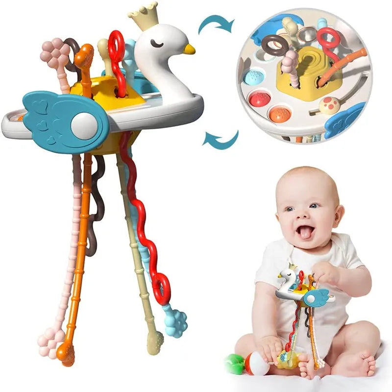 Baby Pull String Sensory Toy - Silicone Teething Rattle Montessori Learning Toy for 6-12 Months